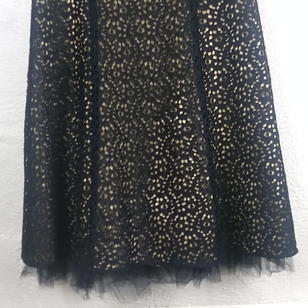 Betsy & Adam Black Gold Crochet Straight Neckline Spaghetti Strap Mini Dress - Picture 3 of 15